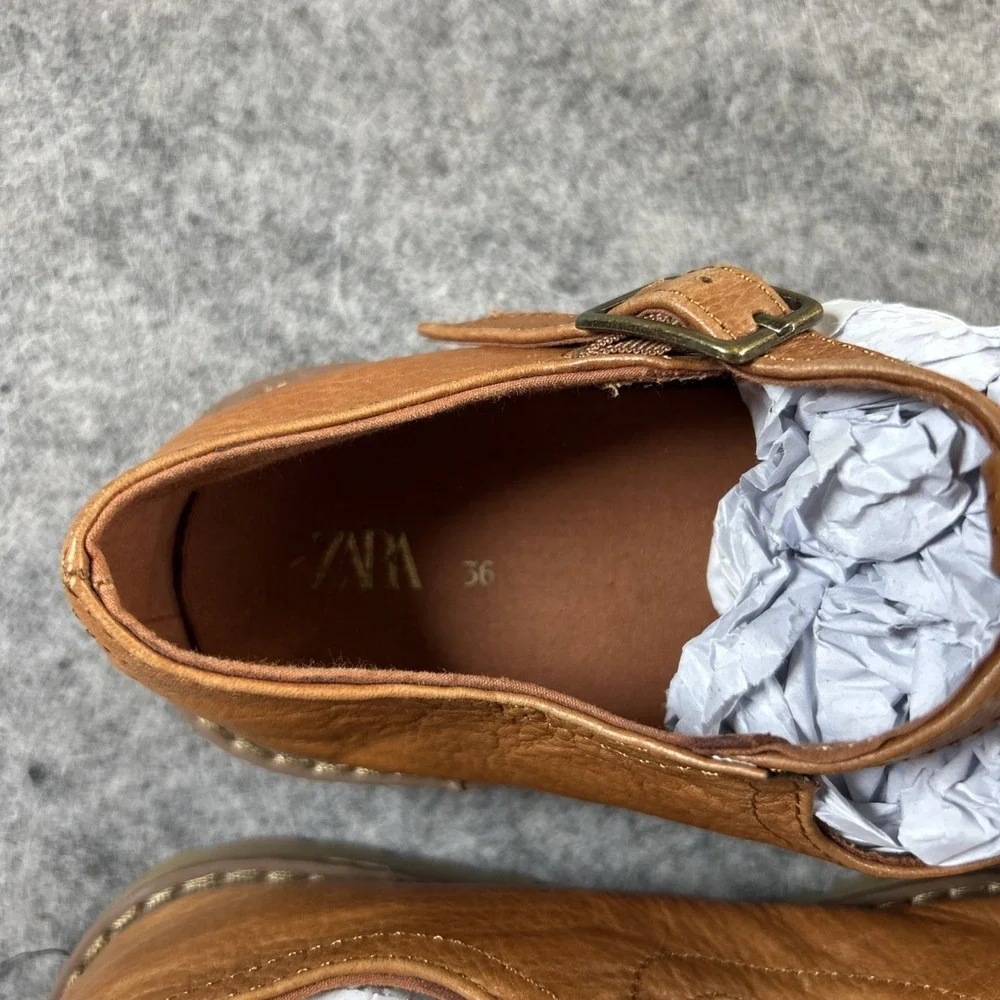 ZARA Leather Mary Jane Shoes Girls 36/4 Brown Cut-Out Buckle Low Top